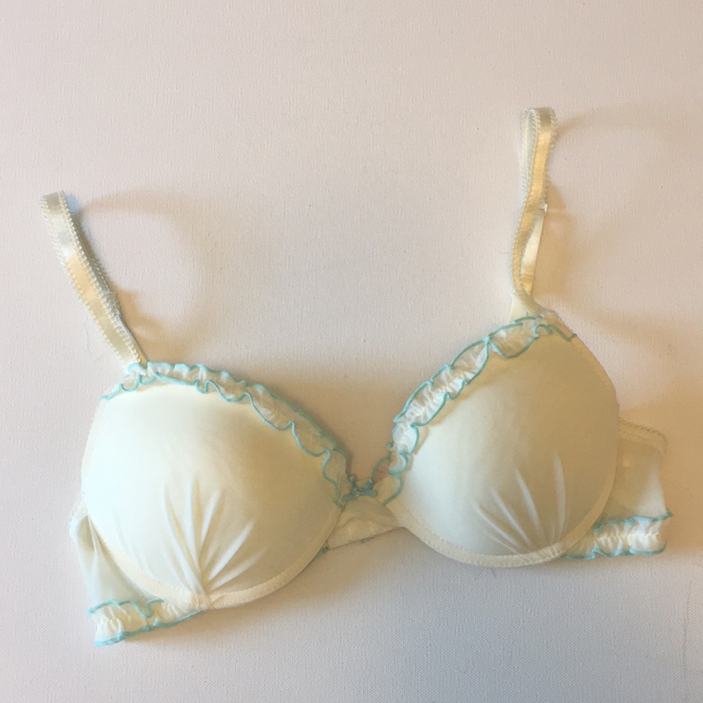 BLUSH Cream and Blue Ruffle Trim Bra